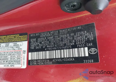 2007 Toyota Camry Se из США, поврежденный, VIN 4T1BE46K17U142575